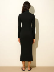 Women Black Rib High Neck Front Half Zipper Dress-BADRSS12558
