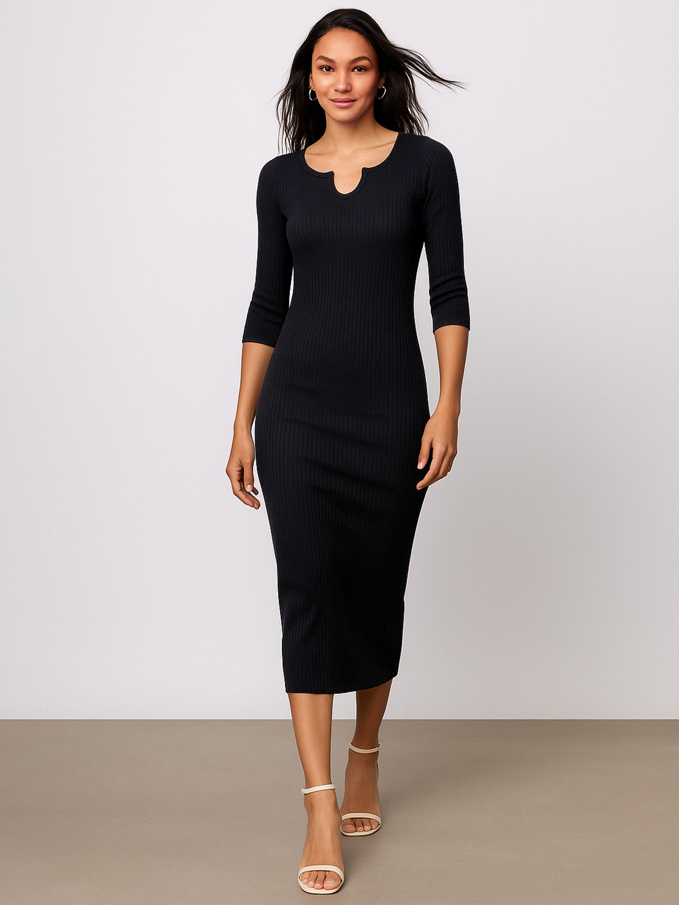 Women Black Rib Basic V-Neck Midi Dress-BADRSS12559