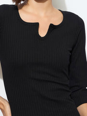 Women Black Rib Basic V-Neck Midi Dress-BADRSS12559
