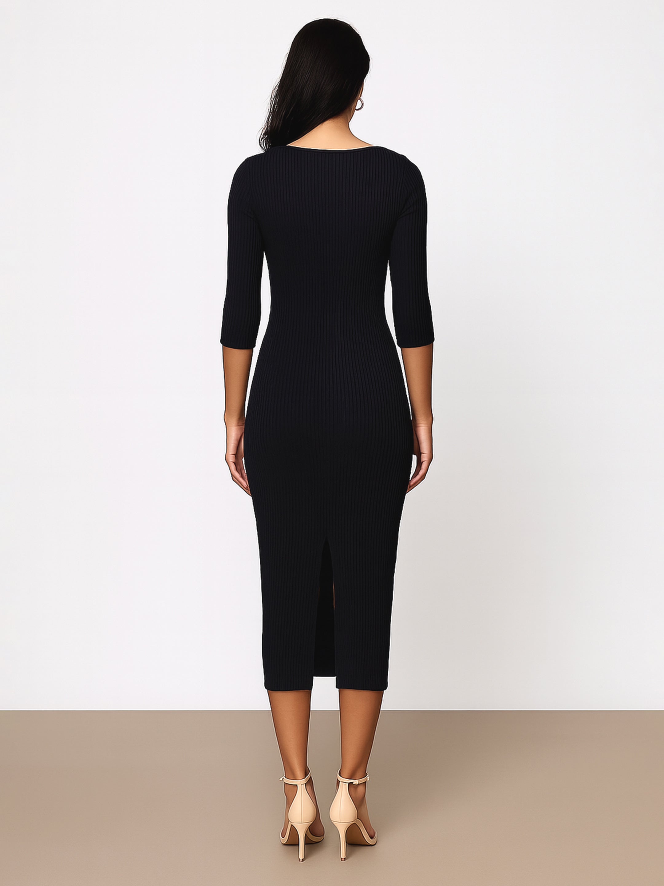 Women Black Rib Basic V-Neck Midi Dress-BADRSS12559