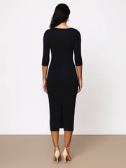 Women Black Rib Basic V-Neck Midi Dress-BADRSS12559