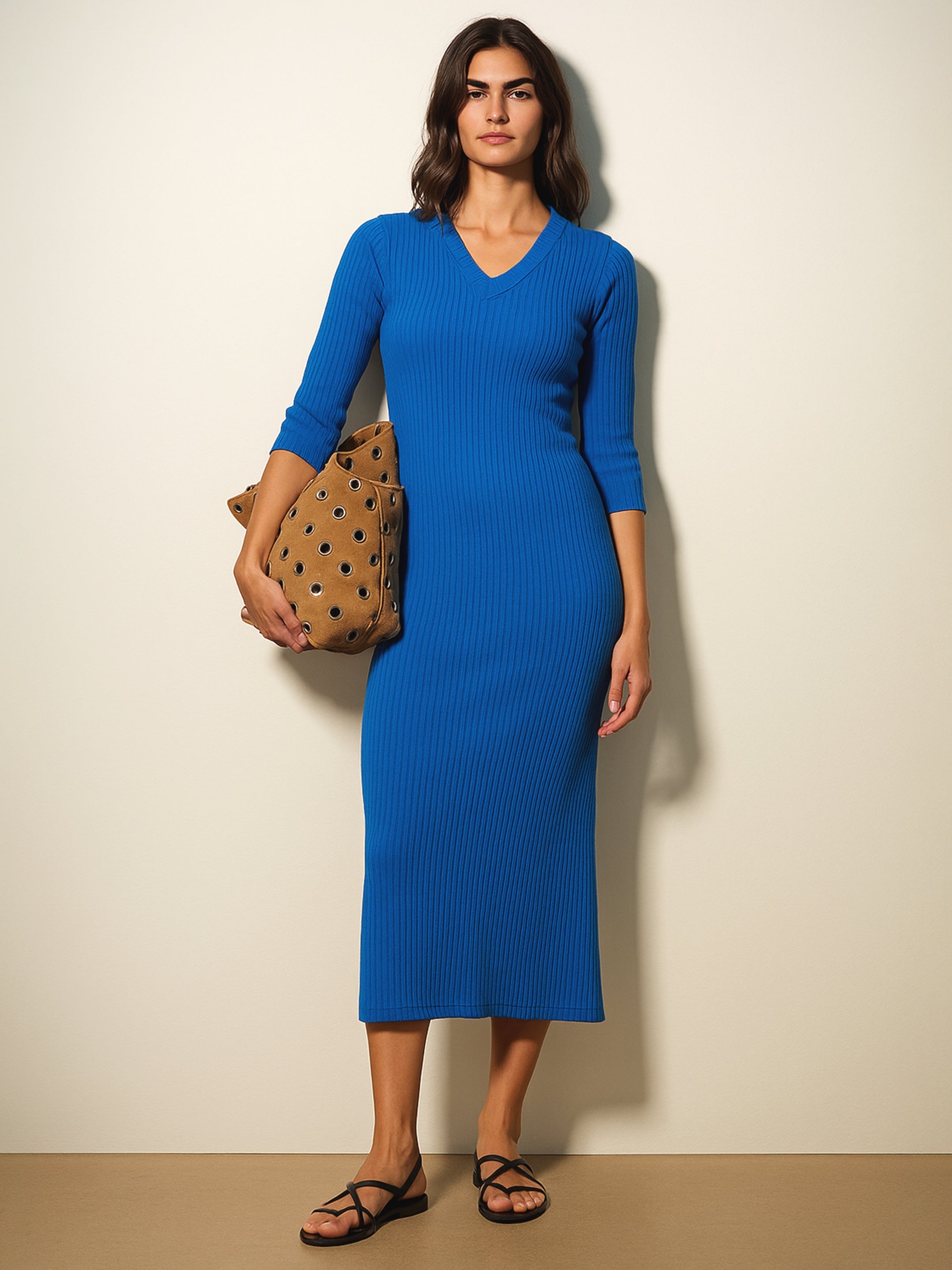 Women Royal Blue Rib Basic V-Neck Midi Dress-BADRSS12560