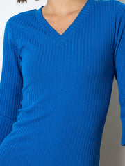 Women Royal Blue Rib Basic V-Neck Midi Dress-BADRSS12560