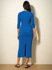 Women Royal Blue Rib Basic V-Neck Midi Dress-BADRSS12560