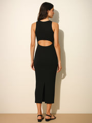 Women Black Rib Back Cut-Out Midi Dress-BADRSS12561