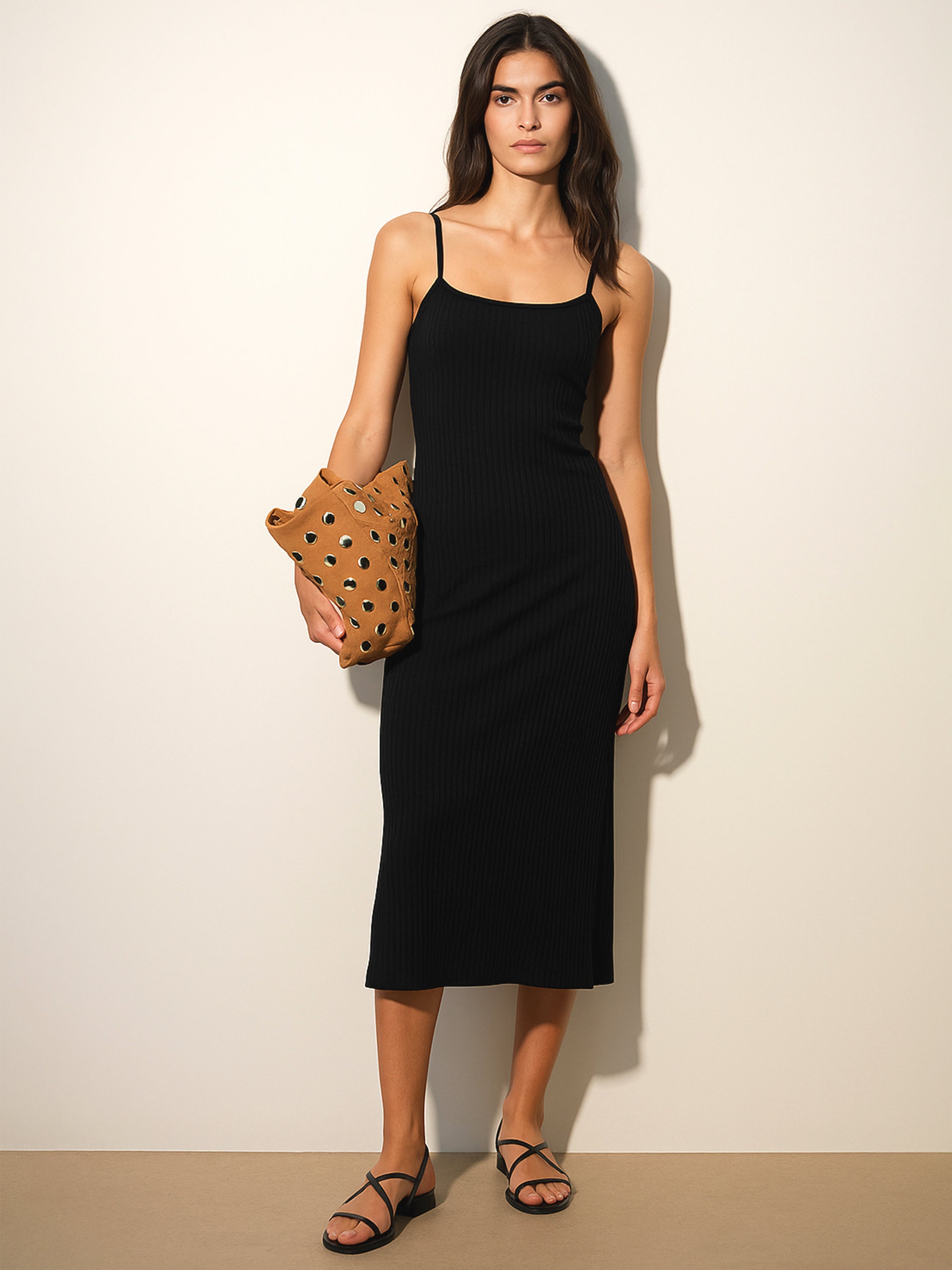 Women Black Rib Strappy Slip-on Dress-BADRSS12563