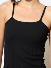 Women Black Rib Strappy Slip-on Dress-BADRSS12563