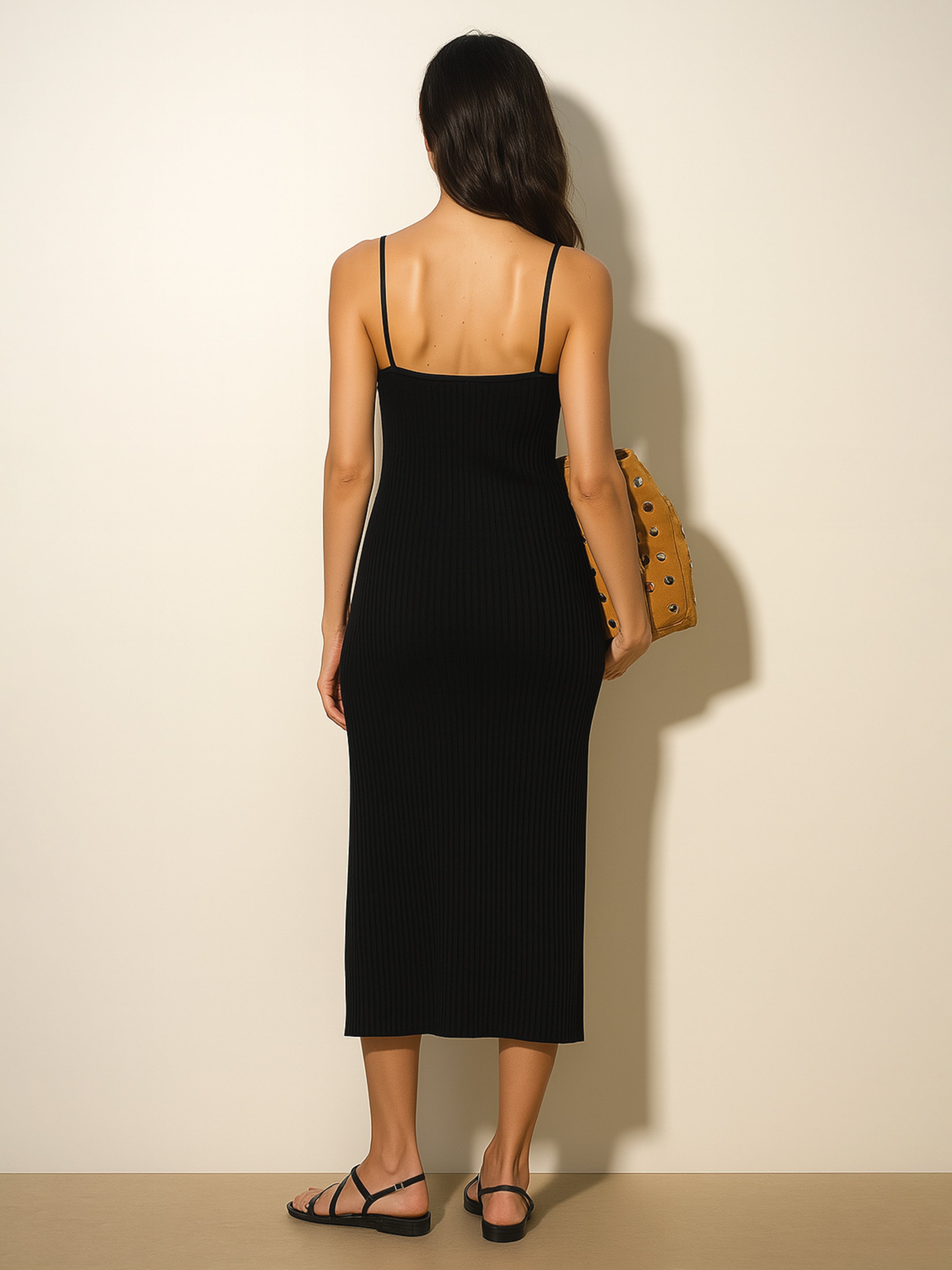 Women Black Rib Strappy Slip-on Dress-BADRSS12563