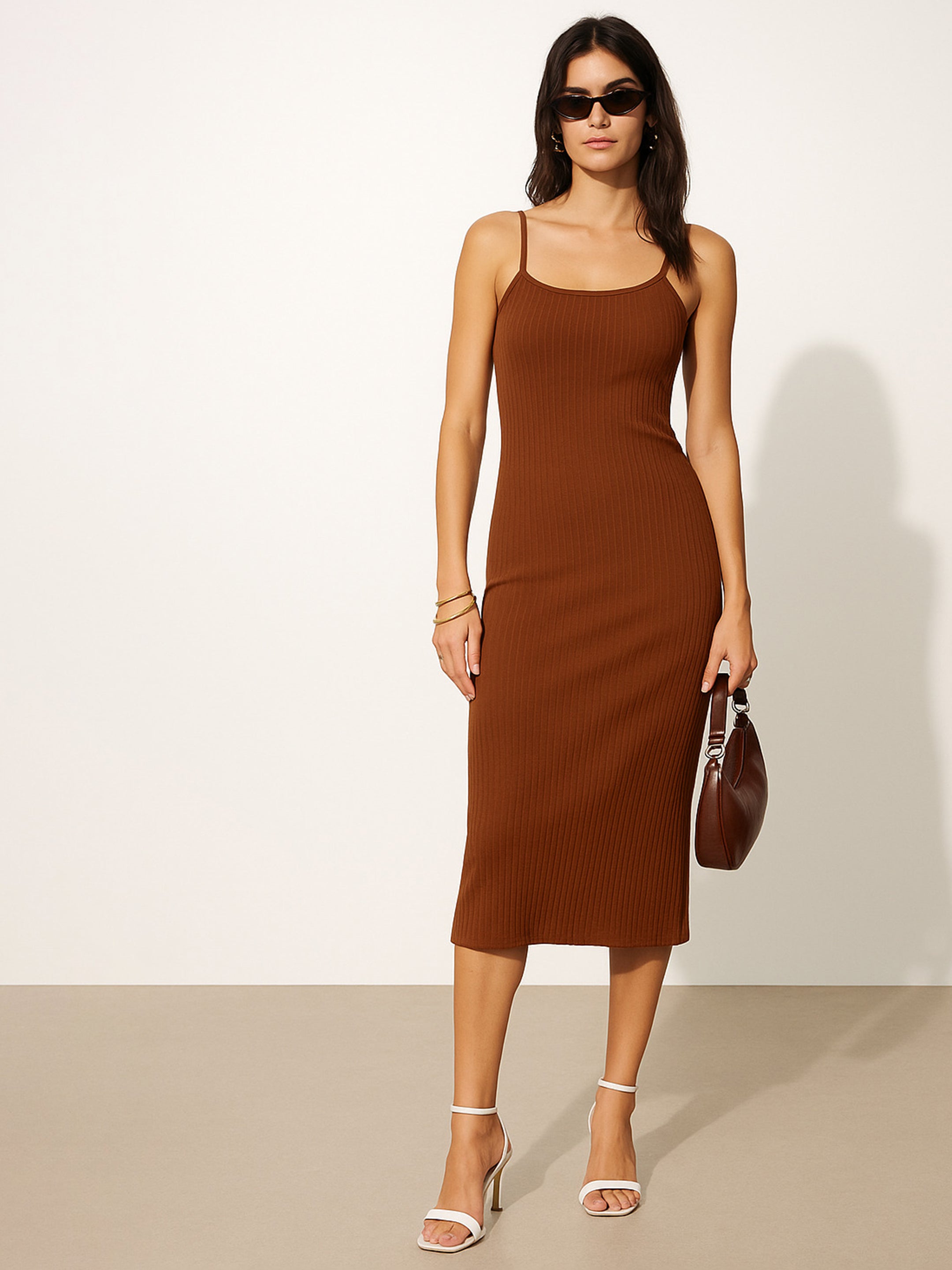Women Brown Rib Strappy Slip-on Dress-BADRSS12564
