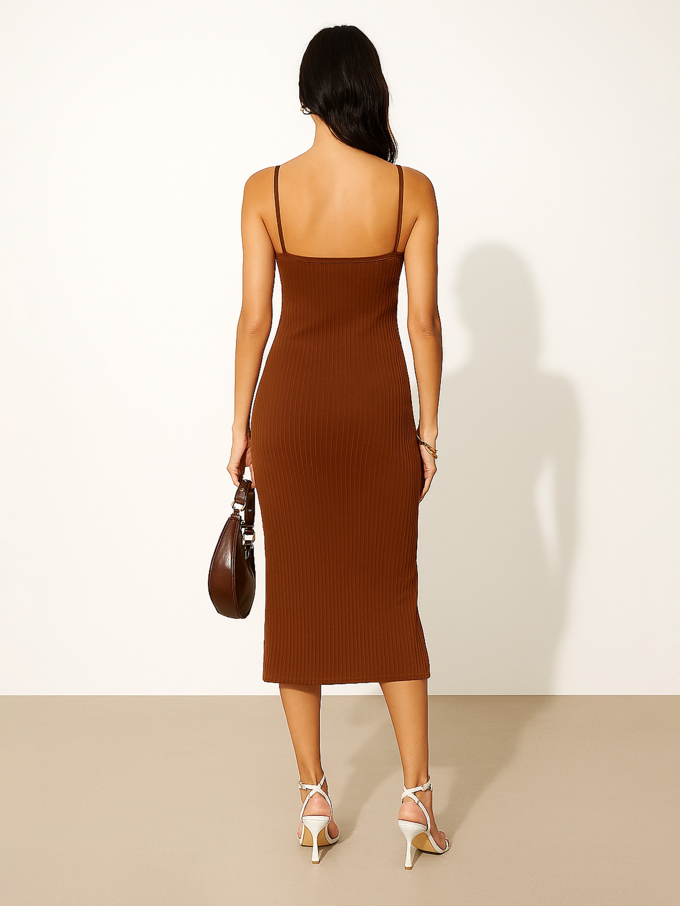 Women Brown Rib Strappy Slip-on Dress-BADRSS12564