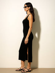 Women Black Rib Square Neck Sleeveless Midi Dress-BADRSS12565