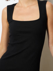 Women Black Rib Square Neck Sleeveless Midi Dress-BADRSS12565
