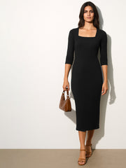Women Black Rib Square Neck Sticth Detail Midi Dress-BADRSS12568
