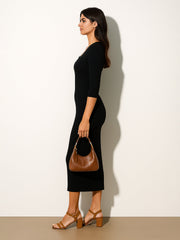 Women Black Rib Square Neck Sticth Detail Midi Dress-BADRSS12568