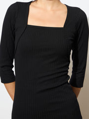 Women Black Rib Square Neck Sticth Detail Midi Dress-BADRSS12568