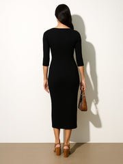 Women Black Rib Square Neck Sticth Detail Midi Dress-BADRSS12568