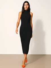 Women Black Rib Sleeveless Turtle Neck Midi Dress-BADRSS12571