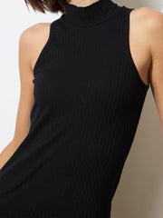 Women Black Rib Sleeveless Turtle Neck Midi Dress-BADRSS12571