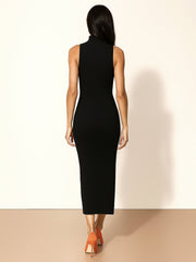 Women Black Rib Sleeveless Turtle Neck Midi Dress-BADRSS12571