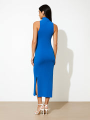 Women Royal Blue Sleeveless Rib Turtle Neck Midi Dress-BADRSS12572