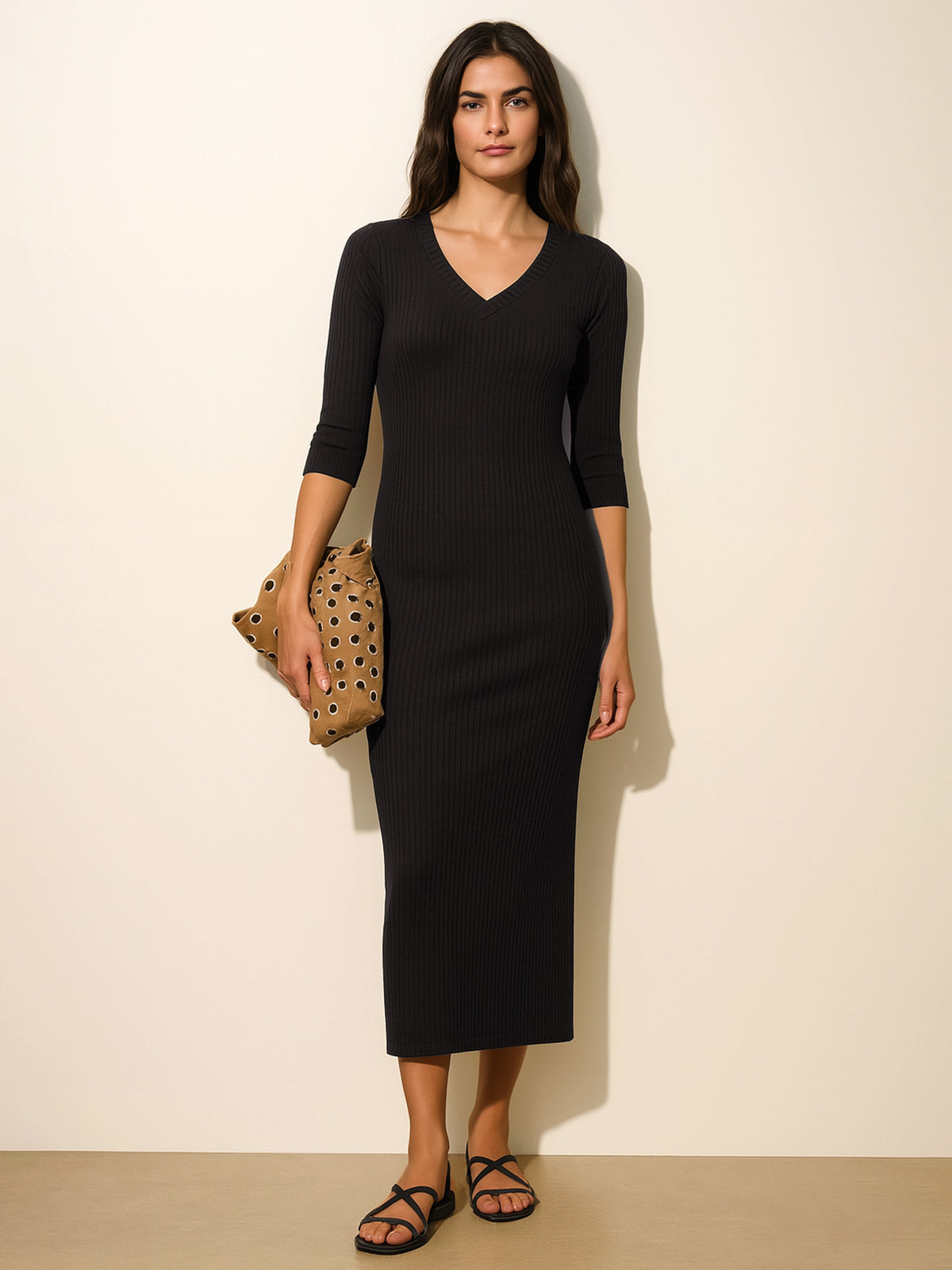 Women Black Rib Deep V-Neck Ankle Midi Dress-BADRSS12573
