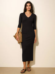 Women Black Rib Deep V-Neck Ankle Midi Dress-BADRSS12573