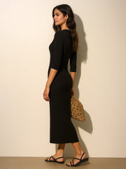 Women Black Rib Deep V-Neck Ankle Midi Dress-BADRSS12573