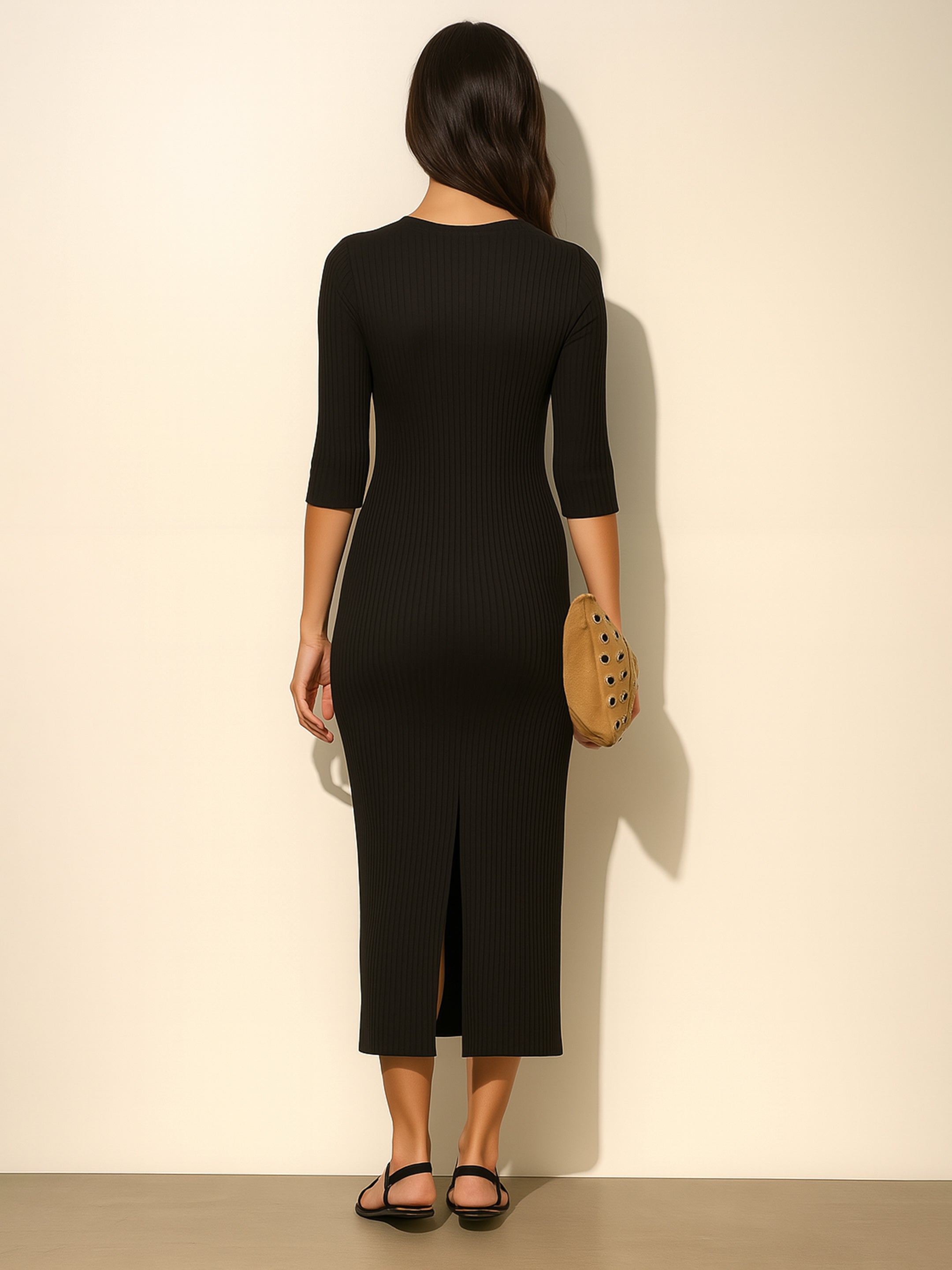 Women Black Rib Deep V-Neck Ankle Midi Dress-BADRSS12573