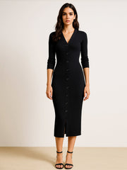 Women Black Rib Full Front Button V-Neck Midi Dress-BADRSS12574