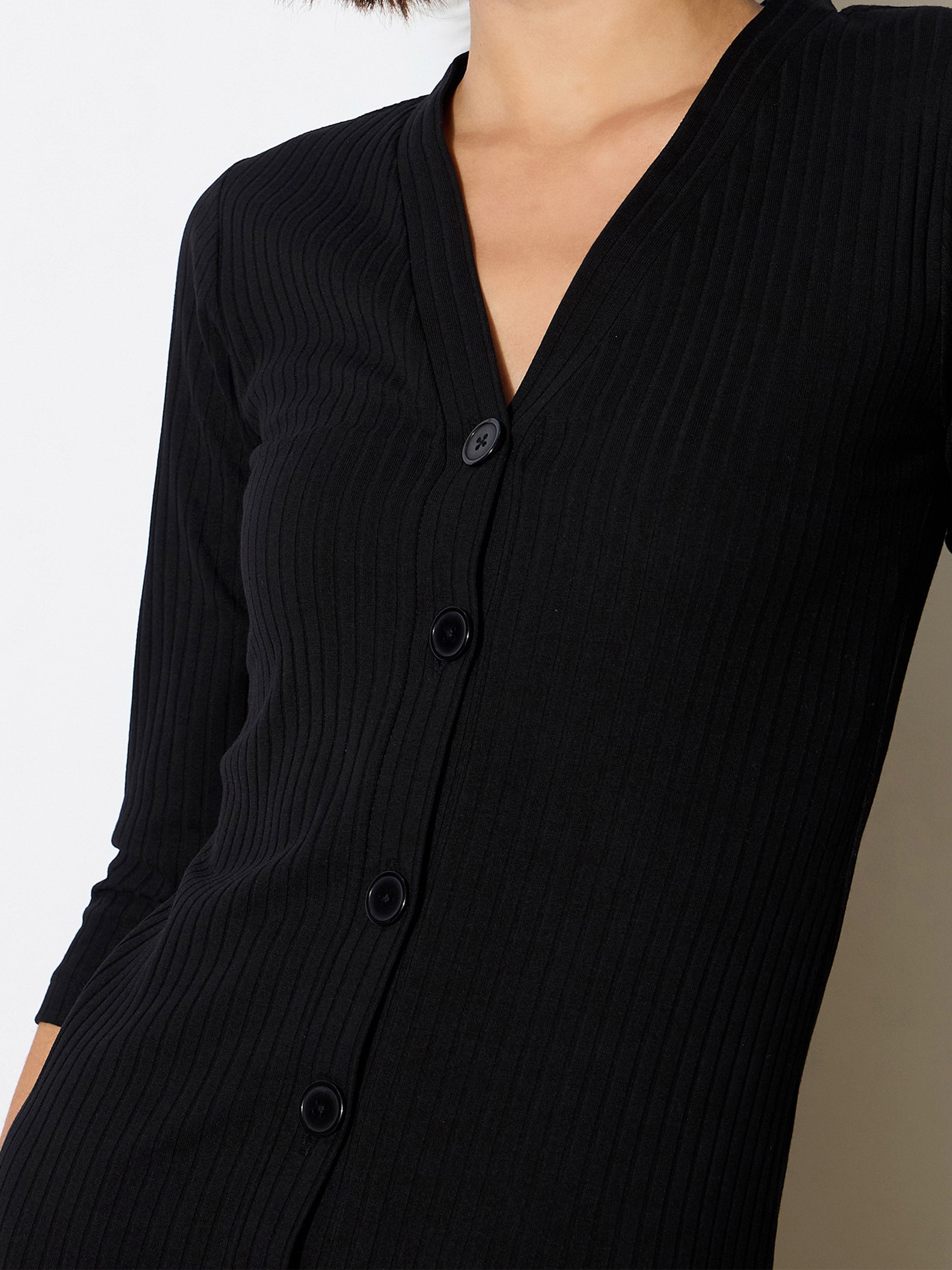 Women Black Rib Full Front Button V-Neck Midi Dress-BADRSS12574