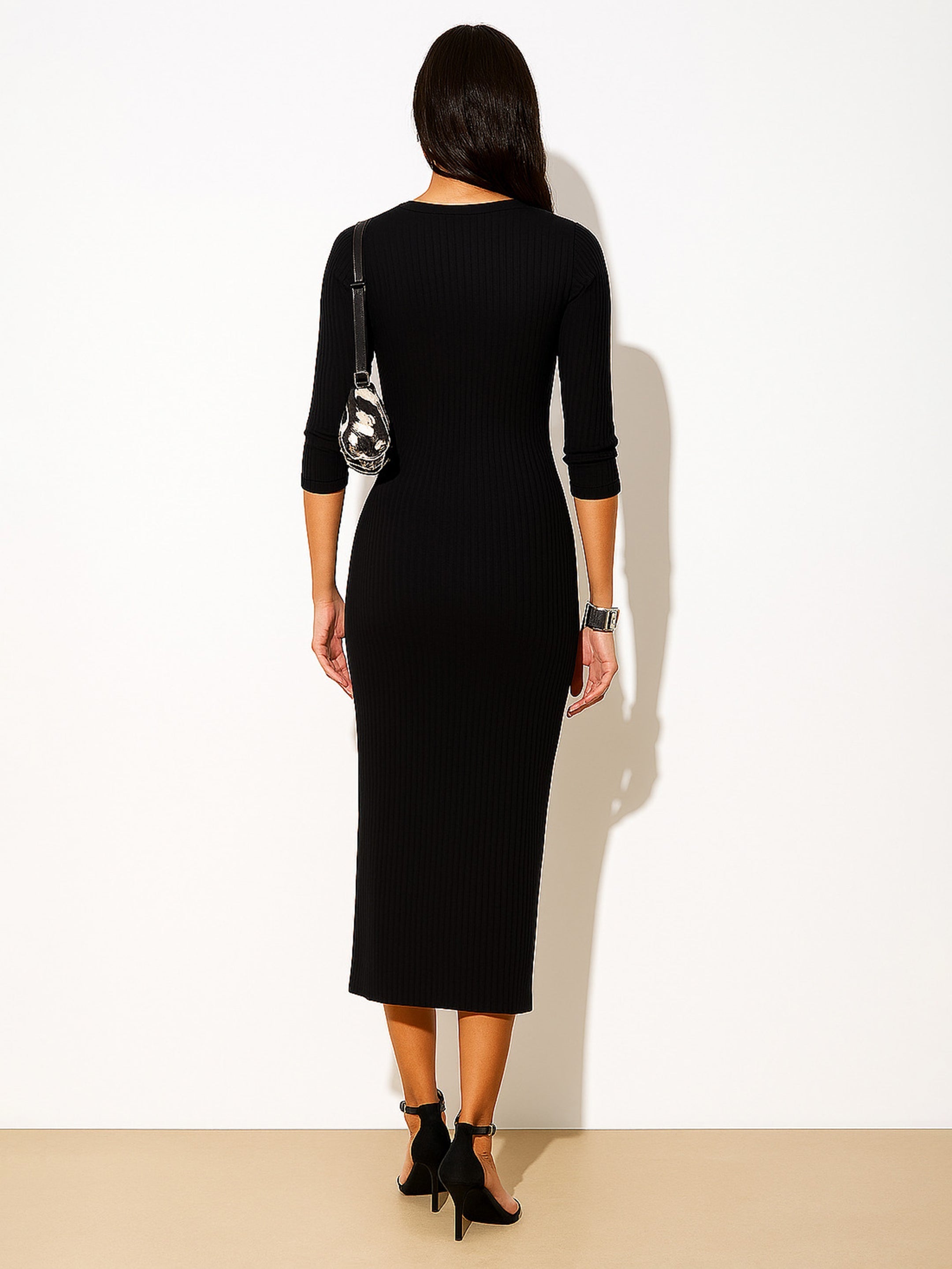 Women Black Rib Full Front Button V-Neck Midi Dress-BADRSS12574