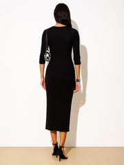 Women Black Rib Full Front Button V-Neck Midi Dress-BADRSS12574