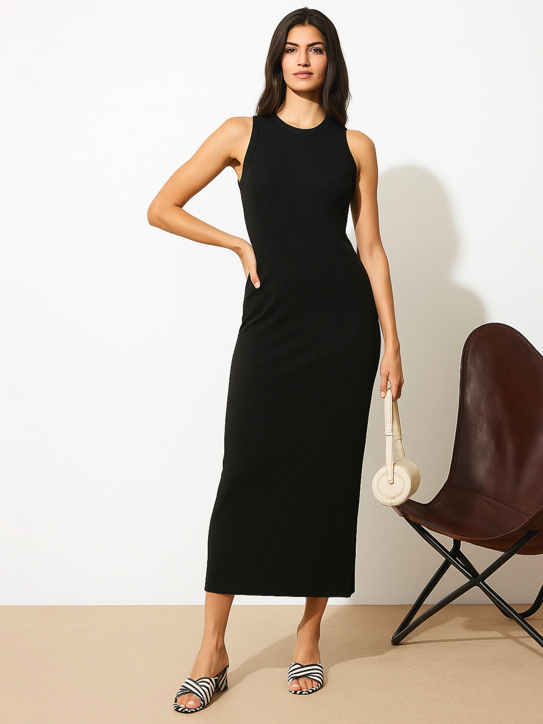 Women Black Rib Sleeveless Bodycon Maxi Dress-BADRSS12577