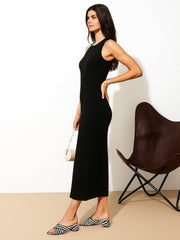 Women Black Rib Sleeveless Bodycon Maxi Dress-BADRSS12577