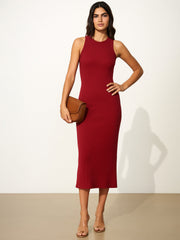 Women Maroon Rib Sleeveless Bodycon Maxi Dress-BADRSS12578