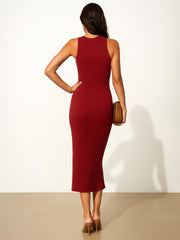 Women Maroon Rib Sleeveless Bodycon Maxi Dress-BADRSS12578
