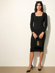 Women Black Rib Square Neck FS Midi Dress-BADRSS12579