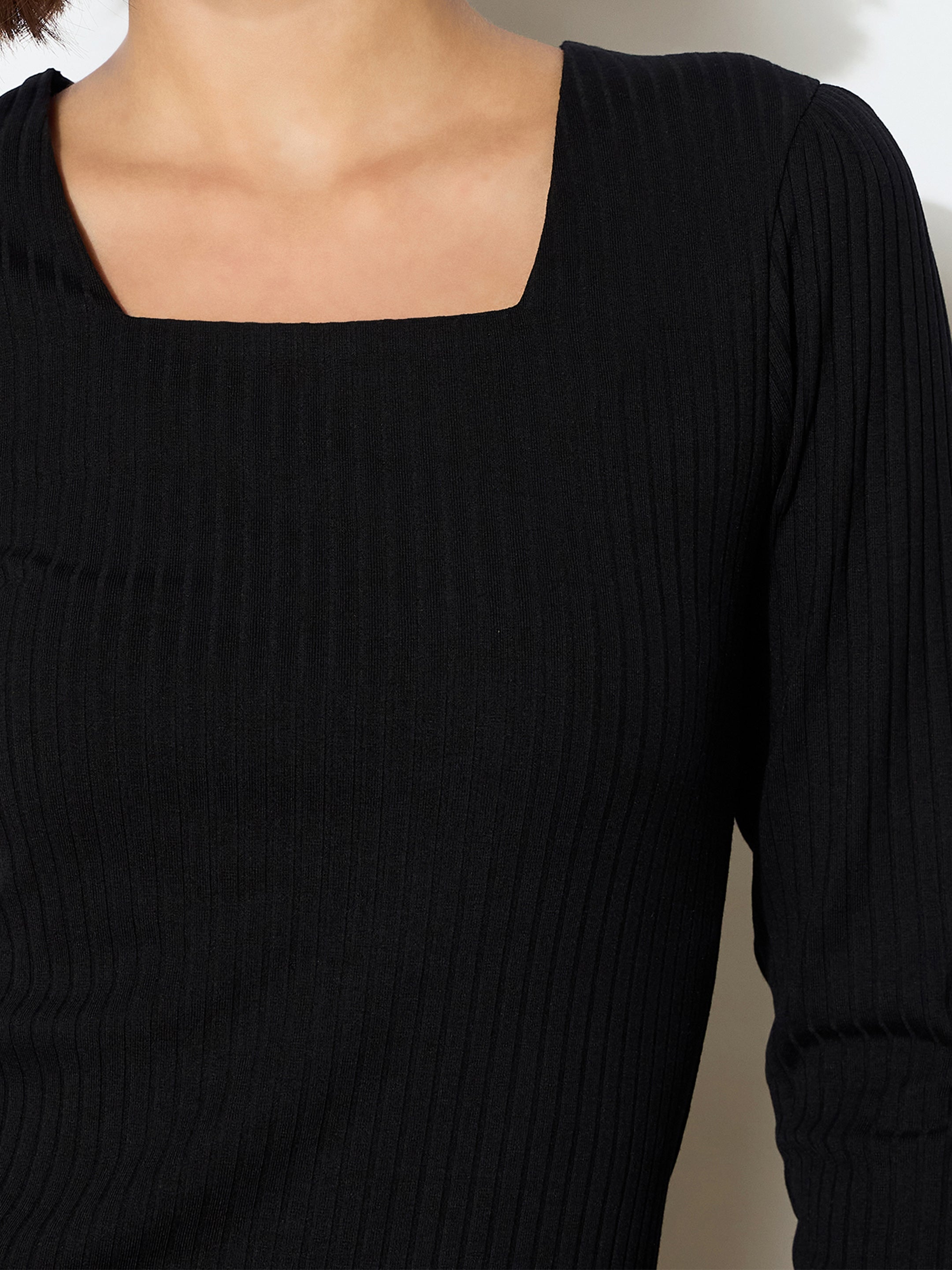 Women Black Rib Square Neck FS Midi Dress-BADRSS12579