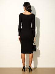 Women Black Rib Square Neck FS Midi Dress-BADRSS12579