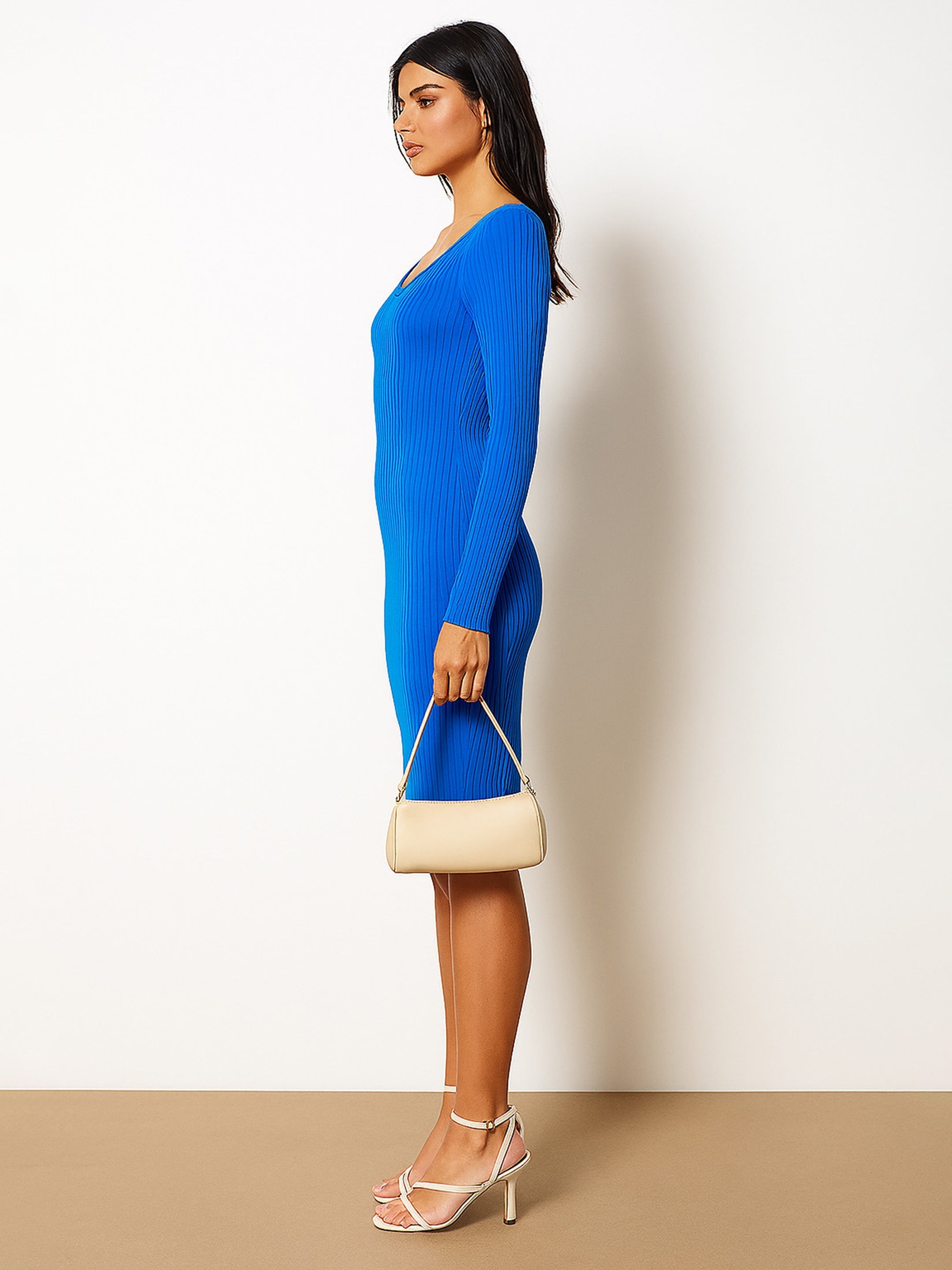 Women Royal Blue Rib Sweetheart Neck Knee Dress-BADRSS12581