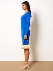 Women Royal Blue Rib Sweetheart Neck Knee Dress-BADRSS12581