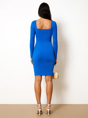 Women Royal Blue Rib Sweetheart Neck Knee Dress-BADRSS12581
