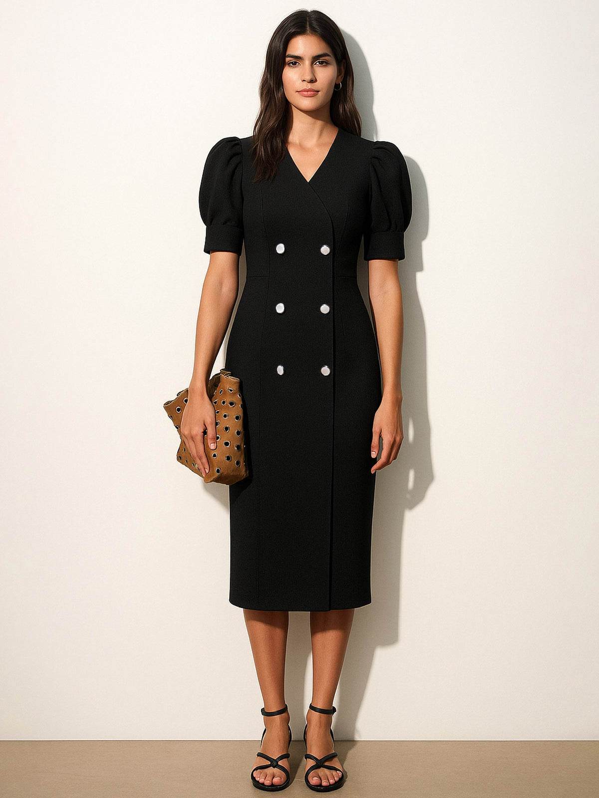Women Black Double Button Mock Placket Bodycon Dress-BADRSS12585