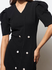 Women Black Double Button Mock Placket Bodycon Dress-BADRSS12585