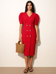 Women Red Double Button Mock Placket Bodycon Dress-BADRSS12586