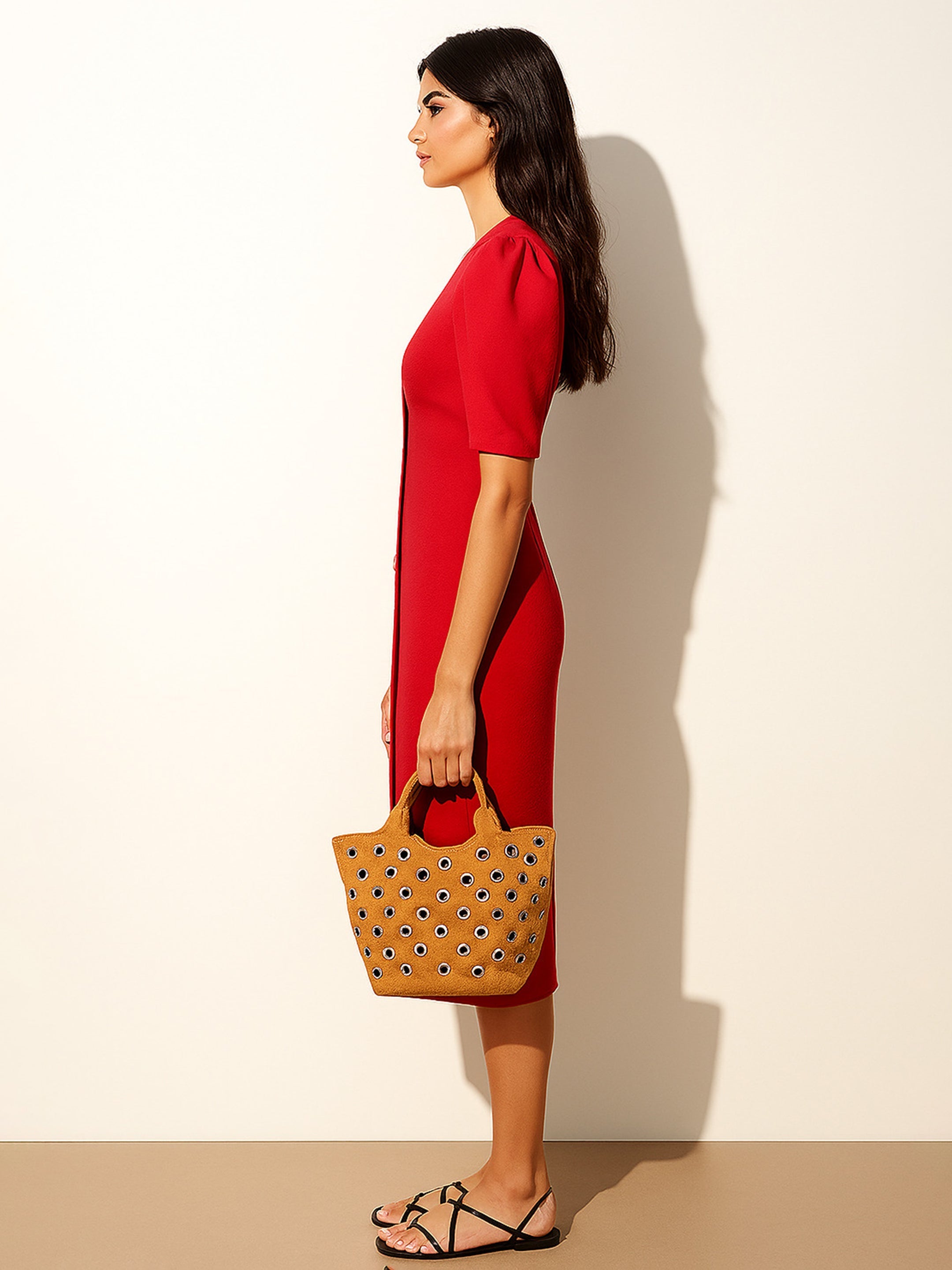 Women Red Double Button Mock Placket Bodycon Dress-BADRSS12586