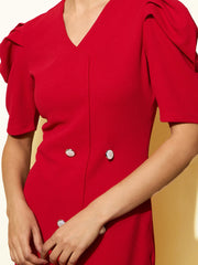 Women Red Double Button Mock Placket Bodycon Dress-BADRSS12586