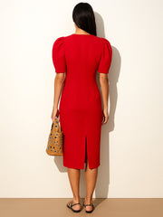 Women Red Double Button Mock Placket Bodycon Dress-BADRSS12586