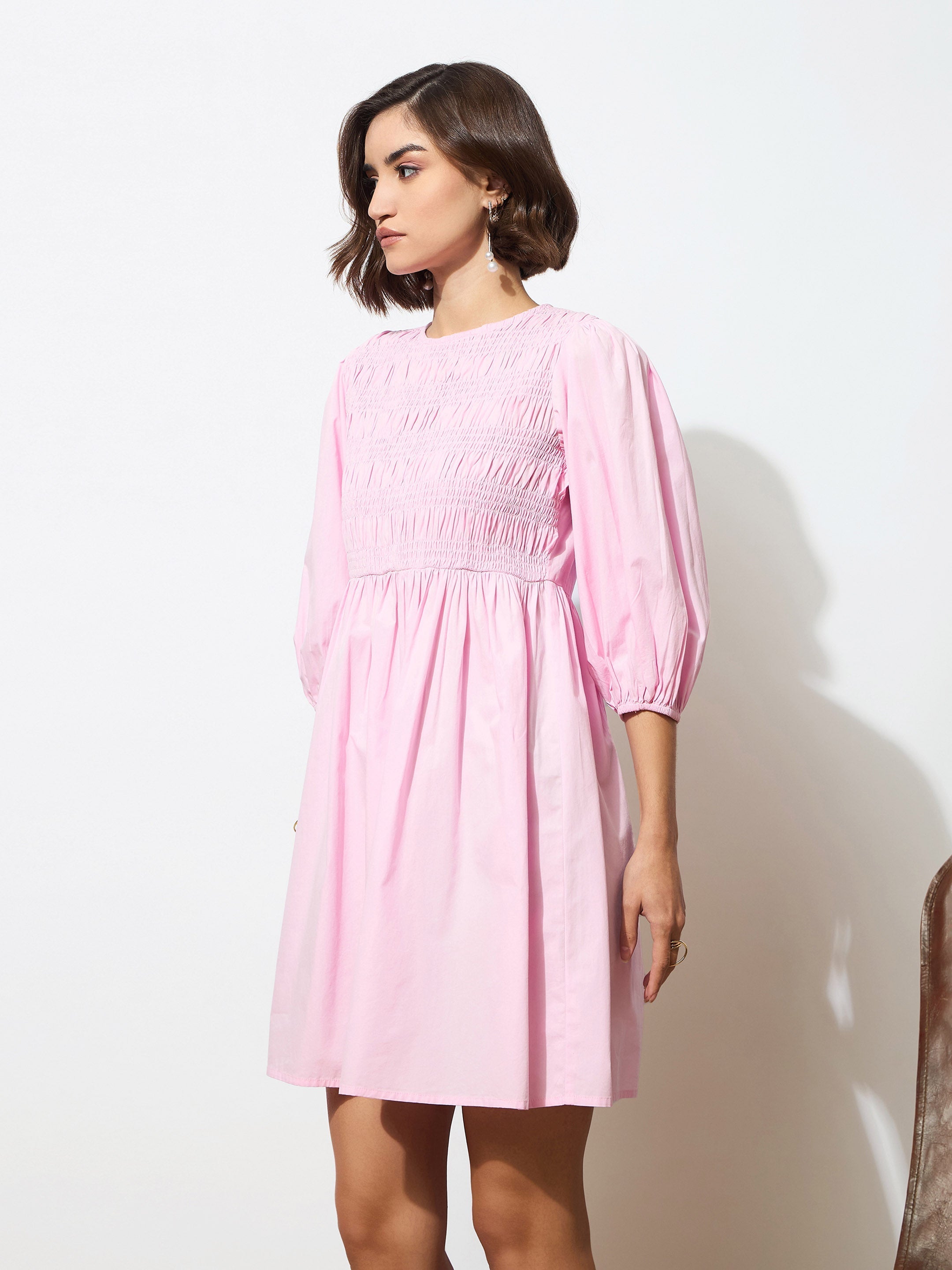 Women Pink Poplin Smocked Gathered Dress-BADRSS12589