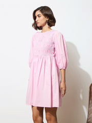 Women Pink Poplin Smocked Gathered Dress-BADRSS12589